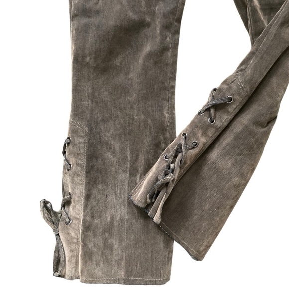 SHAFT JEANS Italy Lola hr Velvet Flock Pants Lace up Flare Hem in Oro Verde - Picture 3 of 15